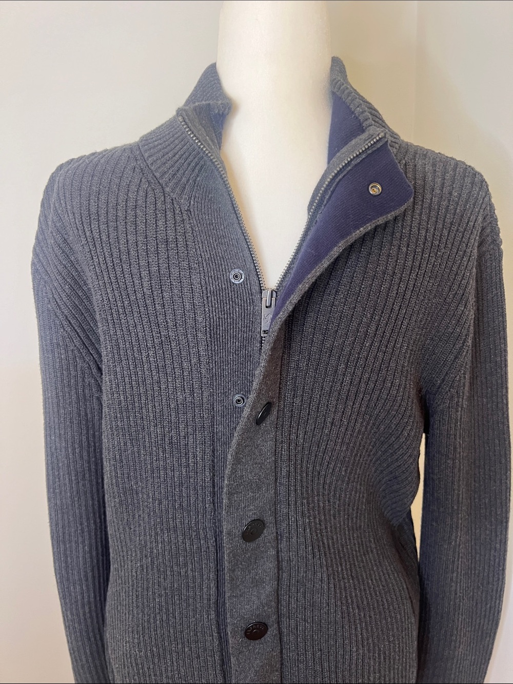 Men's Ribbed Dark Gray Express Button-Front Sweater - Picture 3 of 5
